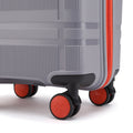 Small cabin suitcase with 8 wheels, grey body, orange wheels and side handle detail