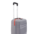 Small cabin suitcase, grey hardshell with orange zipper trim and corner roller wheels