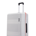 White hard-shell suitcase front with red-lined edge and black carrying handle.
