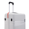 Hard-shell suitcase with upright handle, white textured body and red trim