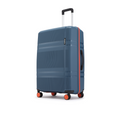 Blue large check-in suitcase viewed from side with black handle and orange wheels