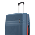 Blue hard-shell suitcase side with orange edge trim and vertical HRX label