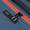 Luggage combination lock with HRX branding on blue shell near red zipper
