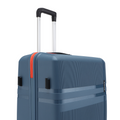 Hard-shell cabin suitcase, blue with orange stripe trim and ribbed texture, side view