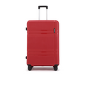 Large hard-shell suitcase in red with top handle, side tabs, and corner wheel caps