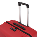 Red hard-shell suitcase with telescopic handle, black zipper, and carry grip.