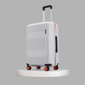 Medium check-in suitcase side view with PP shell, upright handle, and 8 spinner wheels; white.