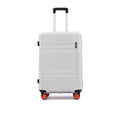 White medium check-in suitcase with telescopic handle and corner wheels, front close-up