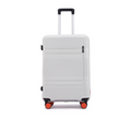 Medium check-in suitcase with PP shell, upright handle, and 8 spinner wheels; front view in white.