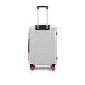 Medium check-in suitcase rear view with PP shell, upright handle, and 8 spinner wheels; white.