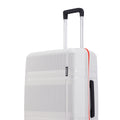 White medium check-in suitcase side panel with telescopic handle and red edge trim