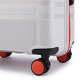Grey check-in suitcase showing textured panel and 8 wheels
