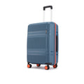 Blue check-in suitcase with extendable handle and orange wheel accents
