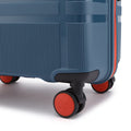 Blue check-in suitcase with corner spinner wheels and dark side panel