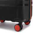 Black suitcase base with orange wheels and corner bumper