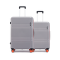 Two grey hard-shell suitcases with telescopic handles and orange wheels, side-by-side.