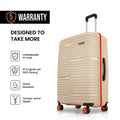 Beige hard-shell trolley suitcase with upright handle and 8 orange spinner wheels