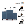 Blue hard-shell luggage set with three stacked cases and extended handles