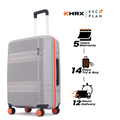 Grey hard-shell check-in suitcase with telescopic handle, side pocket, and red trim
