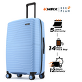 Blue large check-in suitcase close-up on ribbed front with telescopic handle
