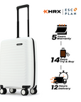 White cabin suitcase with upright handle and black wheels, three-quarter side view