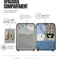 Grey cabin trolley suitcase open with inner divider pockets and compression straps