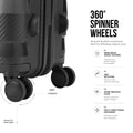 Close-up of black cabin trolley wheels with 360-degree spinner wheel rotation