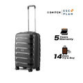 Grey cabin trolley with telescopic handle and textured shell panels; four spinner wheels