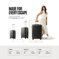 Large check-in trolley sizes shown in dark shell with telescopic handles and spinner wheels