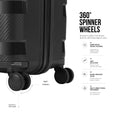 Spinner wheel view of medium check-in trolley with textured dark shell and 360° wheels