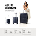 Navy large check-in trolley with telescopic handle and hard-shell panels, medium and small shown.