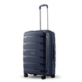 Medium check-in trolley suitcase with textured blue shell, telescopic handle, and 4 wheels