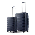 2-piece polypropylene trolley set with blue hard shells, telescopic handles, and 8 wheels