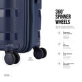 Dark blue polycarbonate trolley wheel with 360° spinner design and reinforced housing