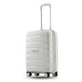 Light grey cabin trolley with telescopic handle and four spinner wheels, smooth shell.