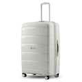 Light grey large check-in trolley with hard-shell panels, telescopic handle, and spinner wheels.