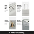 Light grey trolley with push-button telescopic handle and zip storage pouches, shoe bag included
