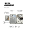 Light grey suitcase trolley open with mesh pocket, wet pocket, and utility compartments