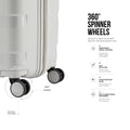 White trolley wheel on polypropylene shell showing 360-degree spinner movement