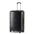 Large black checked-in trolley suitcase with four wheels and telescopic handle