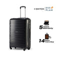 Black large checked-in trolley suitcase with four wheels and upright telescopic handle