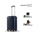 Navy cabin trolley with telescopic handle and four spinner wheels, front view.