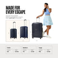 Navy blue polypropylene trolley set with telescopic handles, wheels, and size comparison