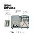 Teal cabin trolley suitcase open interior with cross straps and zip divider