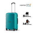 Teal hard-shell trolley with black base, telescopic handle, and 4 spinner wheels