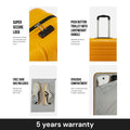 Yellow cabin trolley with secure lock, push-button top handle, and shoe bag