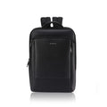 Black nylon backpack with padded top handle, two straps, and front zip pocket.