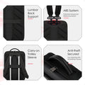 Black backpack feature view: carry-on strap, anti-theft secured top, and zippers.