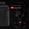 Black backpack front and side view with carbon-texture finish and shoulder straps.