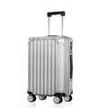 Silver polycarbonate cabin suitcase with 8 wheels and ribbed shell